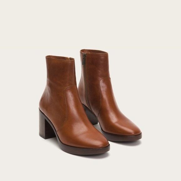 $389 Frye Joan Campus Cognac Brown Side Zip Leather Block Heel Cute Ankle Bootie - Picture 4 of 14